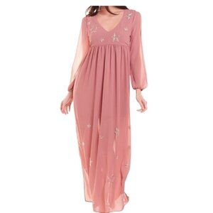 NEW Chaser Beaded Star Long Slit Sleeve Maxi Dress in Rosebud/Dusty Rose, Size M